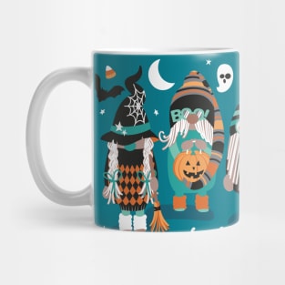 Boo-tiful gnomes // spot // dark teal background fun little creatures black grey green mint and orange dressed for halloween Mug